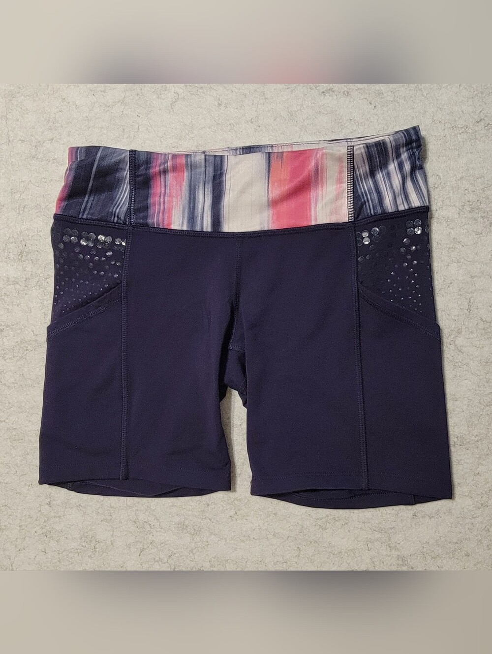 Lululemon Navy Blue Running Shorts Pink Striped Waist Side Pockets Size 4
